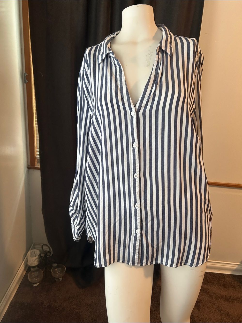 Per Se Navy and White Vertical Stripe Button-Down Shirt